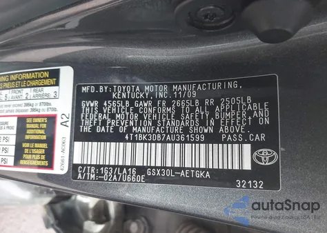 2010 Toyota Avalon Xls из США, поврежденный, VIN 4T1BK3DB7AU361599